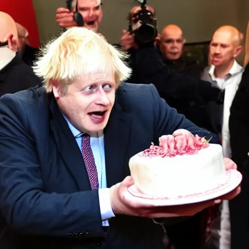 Image similar to pig man boris johnson attacking a cake