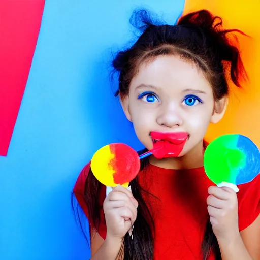 Image similar to red eyed little girl with red brown skin and pale blue hair holding a lollipop made of paper, surreal, 4k,