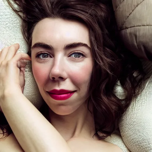 Prompt: stunning photo of dark - haired goddess vanessa kirby smiling, laying back on a pillow, with white tears all over her face, a beautiful closeup, wet lips, perfect eyes, insanely detailed, elegant, by mucha, wlop, rutkowski, livia prima