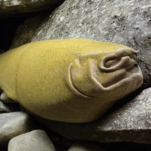 Image similar to an barely visible tench hidden behind by a stone, occluded