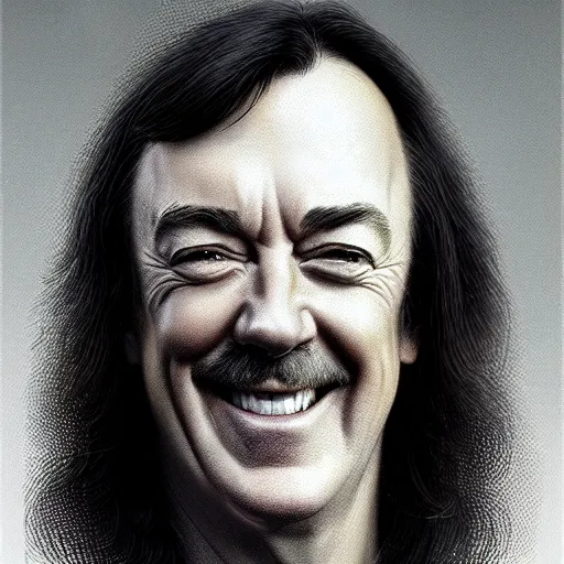 Image similar to A closeup of happy Neil Peart from Rush, highly detailed, by Greg Rutkowski, Raphael Lacoste, cgstation, 8k