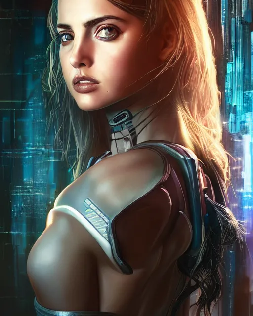 Prompt: a portrait of Ana de Armas as a beautiful 28th century cyberpunk female very young with long hair, largely biomechanical, hyper-realistic, very detailed, intricate, very sexy pose, slight smile expression, unreal engine, by Artgerm, WLOP and Ross Thran, dramatic cinematic lighting rendered by octane, 8k, detailed, trending on artstation, deviantart, google images, pinterest