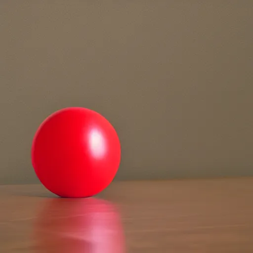 Prompt: red ball on the table, inside the kitchen. dark lighting. volumetric light