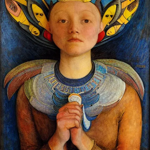 Image similar to the young robot goddess with her feathered bird mask, by annie swynnerton and diego rivera and elihu vedder, symbolist, dramatic lighting, elaborate geometric ornament, head and shoulders view, art brut, soft cool colors, smooth, sharp focus, extremely detailed, adolf wolfli