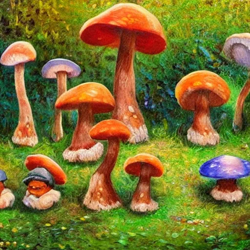 Prompt: many gnomes working in a natural forest, building mushrooms, fairytale, impressionism