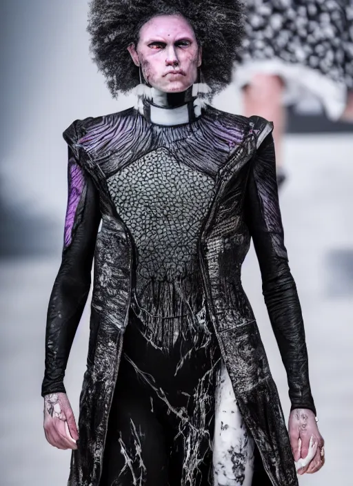 Image similar to hyperrealistic and heavy detailed off white avant garde runway show of thanos ( marvel comics ), leica sl 2 5 0 mm, vivid color, high quality, high textured, real life