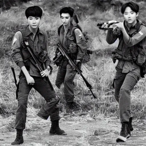 Prompt: BTS boyband fighting in the Vietnam war, historical photo, vintage photo, 1965
