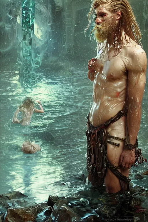 Prompt: portrait of a young handsome cyberpunk viking man, drenched body, wet dripping hair, emerging from the water, fantasy, regal, fractal crystal, fractal gems, by stanley artgerm lau, greg rutkowski, thomas kindkade, alphonse mucha, loish, norman rockwell.