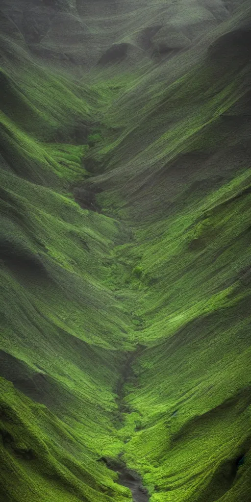 Image similar to dream looking through a hyper realistic photograph of a fertile lush canyon, minimal structure, misty, raining, meditative, icelandic valley, small stream, in the style of reuben wu, roger deakins
