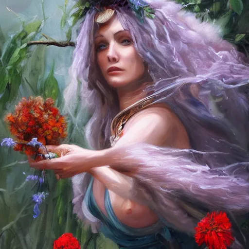 Image similar to a really beautiful oil painting of Circe the witch picking up flowers, detailed, perfect face, HD, realistic