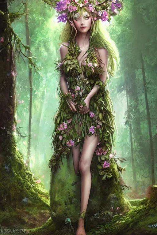 Image similar to a magical nymph druid in the forest wearing a magical flower dress, overlooking a forest from which emerges a huge tree, highly detailed dramatic lighting fantasy artstation artgerm concept art