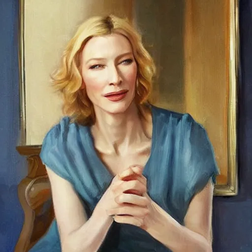 Image similar to cate blanchett in low-cut blouse in front of a mirror, painting by Vladimir Volegov