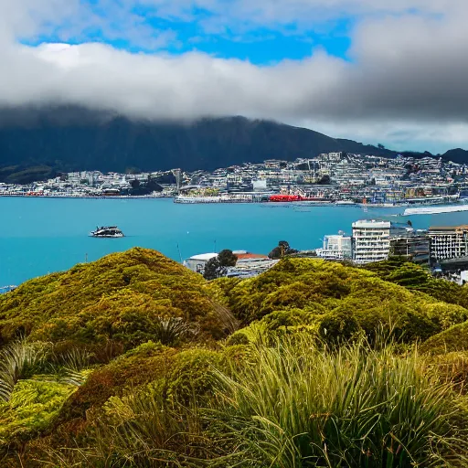 Image similar to Wellington harbour, New Zealand but the city is replaced by remnant native lowland broadleaf podocarp forest and wetlands, landscape photography 8K