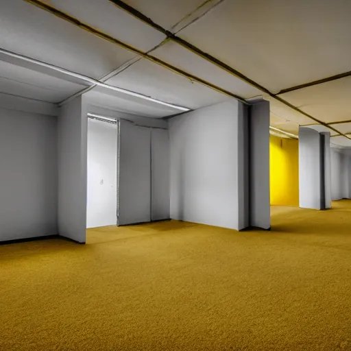 Image similar to the backrooms, walls with a monochromatic tone of yellow with moist carpet and buzzing fluorescent lights, extremely high detail, photo realistic, post processed, cinematic, 8k UHD