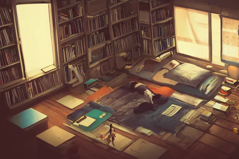 Prompt: a room of a japanese young man, bookshelves, cd, tiny, clean and tidy, small balcony, tatami, warm, cozy, isometric art, bright, artstation, highly detailed, cinematic lighting + masterpiece, life is strange, illustration