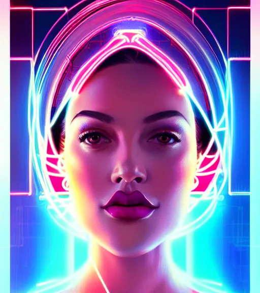 Image similar to symmetry!! latin princess of technology, solid cube of light, hard edges, product render retro - futuristic poster scifi, lasers and neon circuits, beautiful woman latin princess, intricate, elegant, highly detailed, digital painting, artstation, concept art, smooth, sharp focus, illustration, dreamlike, art by artgerm