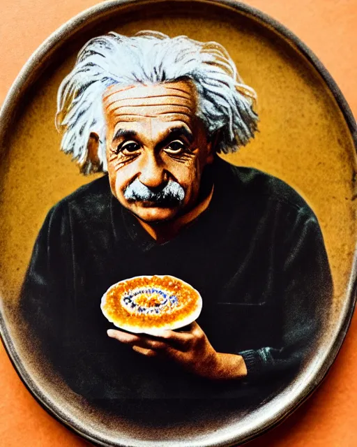 Image similar to a portrait of albert einstein sitting at the dining table with a plate containing jalebi in front of him, highly detailed, trending on artstation, bokeh, 9 0 mm, f / 1. 4