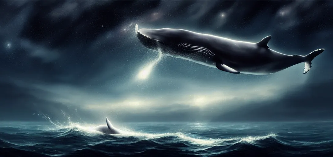 Prompt: a wide angle shot of a lonely whale flying, sea underneath, cosmic starry sky, concept art, trending on artstation, by andreas achenbach, artgerm, mikko lagerstedt, zack snyder, tokujin yoshioka