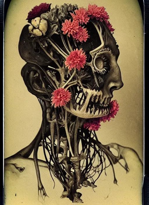 Prompt: beautiful and detailed rotten woman made of plants and many types of stylized flowers like carnation, chrysanthemum and tulips, anatomical, intricate, organs, ornate, surreal, john constable, guy denning, gustave courbet, caravaggio, romero ressendi 1 9 1 0 polaroid photo