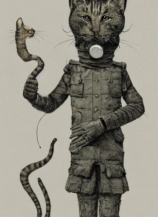 Prompt: a character illustration of an anthropomorphic cat soldier, a 3 d render of an anthropomorphic cat soldier, stephen gammell, by jack gaughan, by george ault, by victo ngai