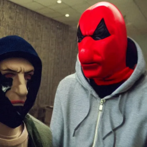 Prompt: grainy film still of niko bellic and a man wearing a red hoodie and a plastic clown mask from the dark knight returns's bank robbery scene, photorealistic