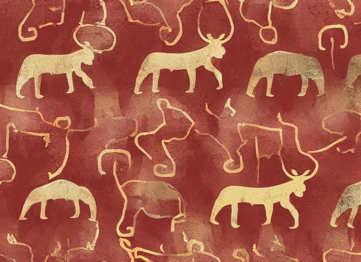 Image similar to painted pattern which figures of ancient hunters mammoths and ancient buses, rock cave painting, red ocher, finger painting