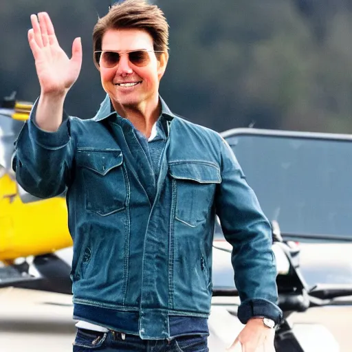 Image similar to Tom Cruise waving to fans. He's wearing bluejeans and a green jacket, Ralph Lauren. A helicopter is in the background. Shallow depth of field