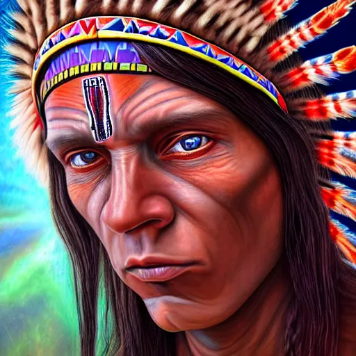 Prompt: photorealistic native american in headdress as a dmt entity in the style of alex grey and michael whelan. hyperdetailed photorealism, 1 0 8 megapixels, amazing depth, high resolution, 3 d shading, 3 d finalrender, 3 d cinematic lighting, glowing rich colors, psychedelic overtones, artstation concept art.