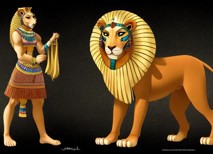 Prompt: fullbody egyptian lion character design of a disney egyptian lion. egyptian lion deviantart adoptable, style of maple story and zootopia, disney portrait studio lighting by jessica rossier and brian froud in the style of disney, traditional artstation