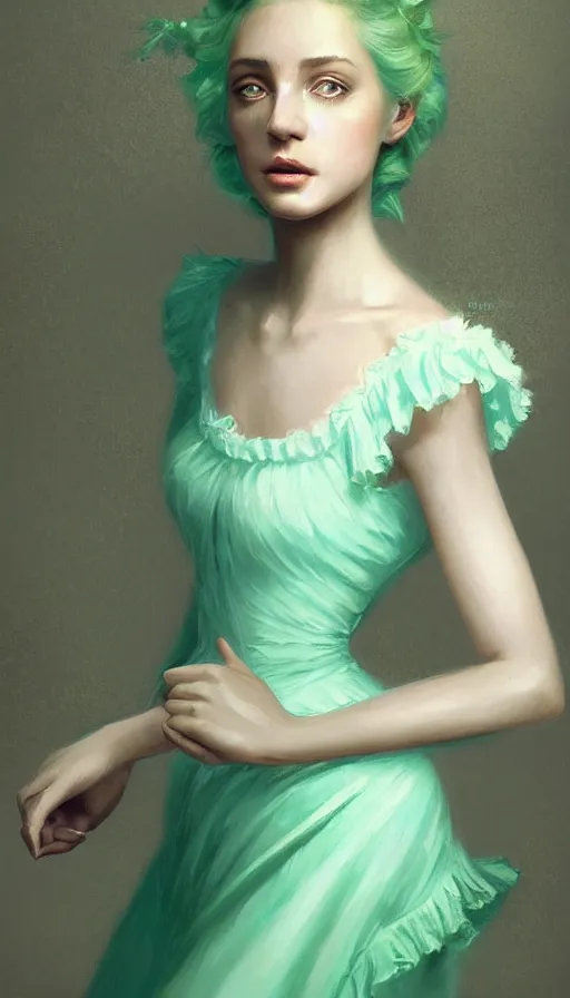 Prompt: Portrait of dreamy and ethereal women with light green eyes wearing mint green ornate frilly dress, peaceful expression, fantasy, intricate, elegant, beautiful, digital art, beautiful dynamic lighting, golden ratio, highly detailed, digital painting, trending on artstation, concept art, smooth, sharp focus, illustration, photo realistic, art by artgerm and greg rutkowski and alphonse mucha 8K