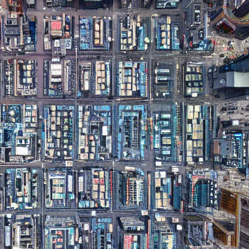 Prompt: top down view of a city resembling a computer motherboard