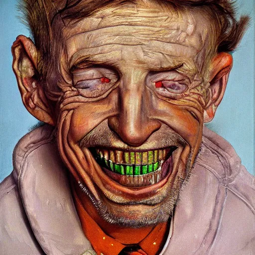 Image similar to high quality high detail painting of a man with large teeth by lucian freud and zdzisław beksinski and francis bacon, hd, smiling man, turquoise and orange