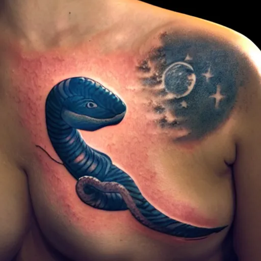 Prompt: a woman with a tattoo of a snake sitting on the moon gazing at the milkyway, volumetric light, ray tracing,