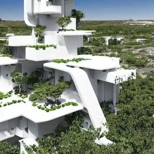 Prompt: white habitat 6 7, ecofuturism lego architect building in the dessert, lush plants and infinite pool