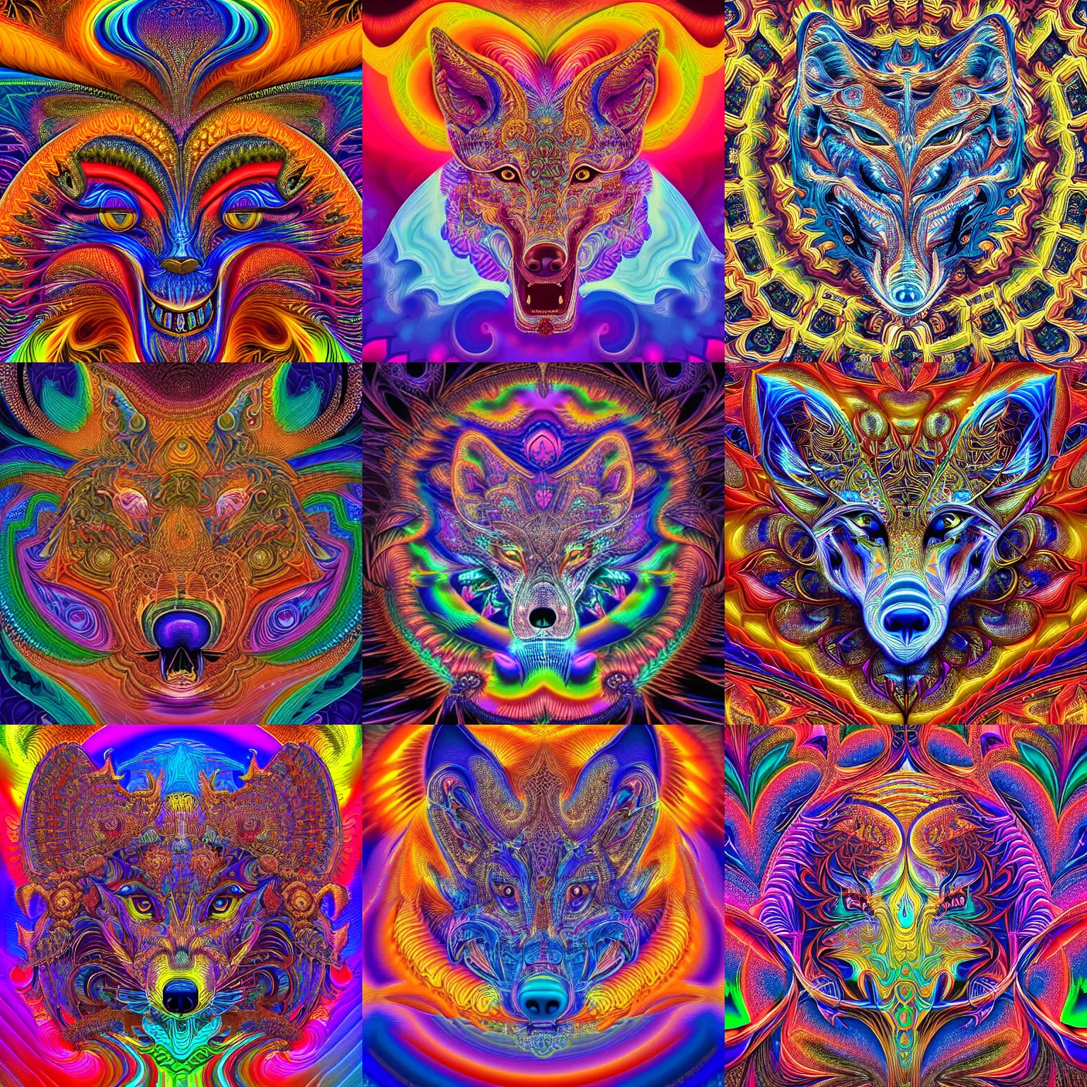 Prompt: a intricate ornate psychedelic isometric image of a wolf head opening into a fractal universe, digital art by alex grey, dan mumford, felix kelly, artgerm, psychedelic art, psychedelic, fractalism, fractals, artstation, detailed, art, hyper realism, hyper detailed, cgsociety, ue 5, hd, 3 d