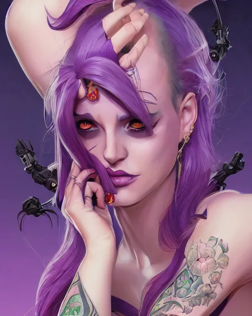 Image similar to beautiful female purple hair tattoo symmetrical face eyes twitch streamer full length fantasy art viper valorant Video game icon, 2d game art gta5 cover , official fanart behance hd artstation by Jesper Ejsing, by RHADS, Makoto Shinkai and Lois van baarle, ilya kuvshinov, rossdraws