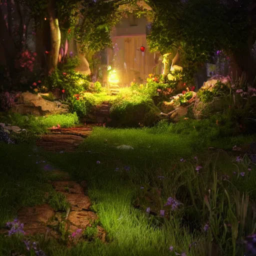 Image similar to fairy glowing magically at night concept art, realistic garden, beautiful, glorious, matte painting, highly detailed, trending on artstation, 4 k, rendered in octane