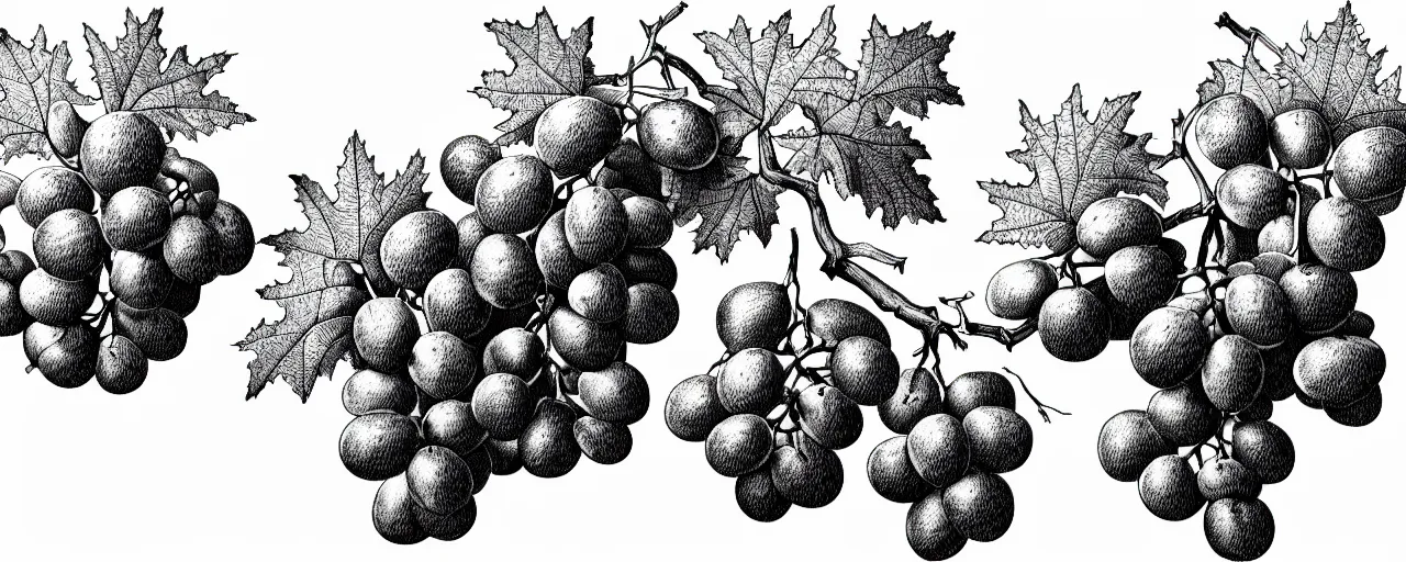 Prompt: a full page schematic diagram illustration of an oak branch with oak leaves!! and grapes, ultra detailed, 4 k, intricate, encyclopedia illustration, fine inking lines