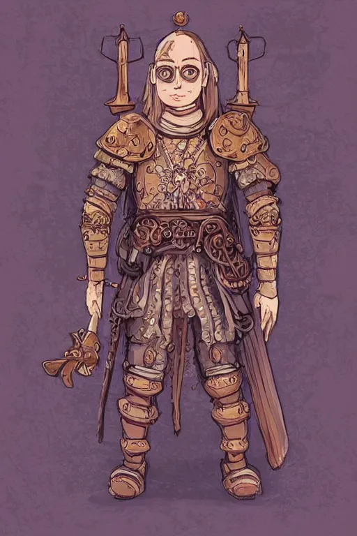 Image similar to beautiful calm bright ai generated fullbody character illustration of a medieval timetraveller highpriest in ornated wooden armor and decorated sacred outfit and heavily equipped with steampunk cyberwares. rendered by machine.delusions. inspired by: @machine.delusions on instagram. Slightly reminds to ghibli studio style. Fullbody portrait uncut centered cinematic, dramatic pose