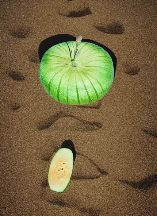 Prompt: jeff goldblum as a melon on the sand of a beach