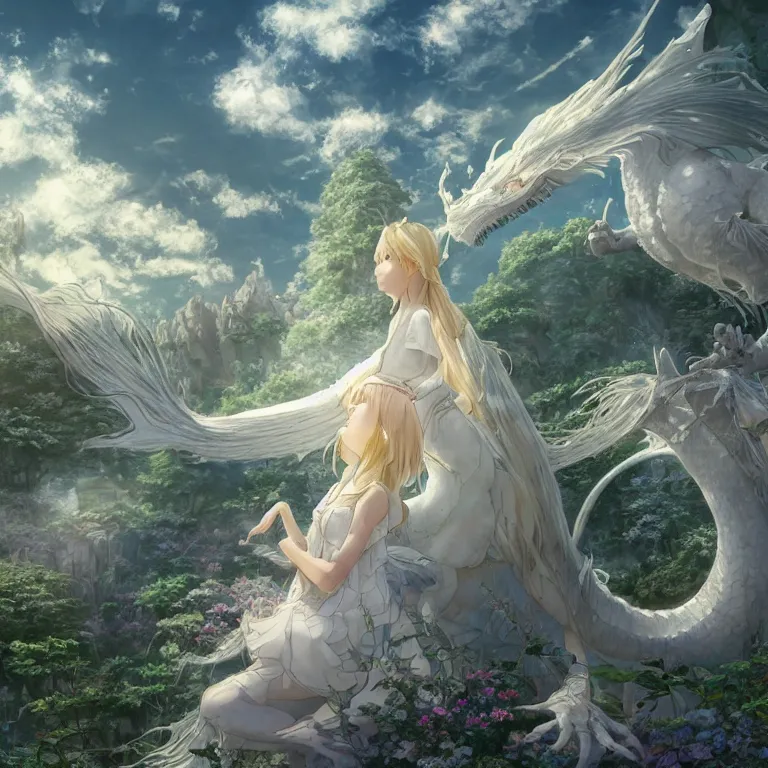 Image similar to the beautiful hyper detailed scene render that a lonely beautiful girl lies in the arms of a huge silver white dragon alone in fairyland surrounded by white clouds, finely detailed angelic face delicate, style of studio ghibli, makoto shinkai, raphael lacoste, louis comfort tiffany, artgerm, james jean, ross tran, animation style, hd, ultra wide angle