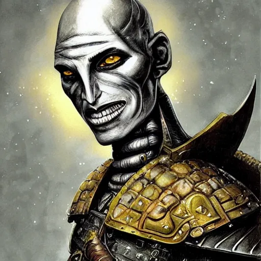 Image similar to ( ( ( head and shoulders portrait of a gaunt noseless yellow - skinned bald githyanki warrior in a breastplate, wielding a magical silver greatsword ) ) ), dave mckean, hr giger, peter mohrbacher, d & d, fantasy, medieval
