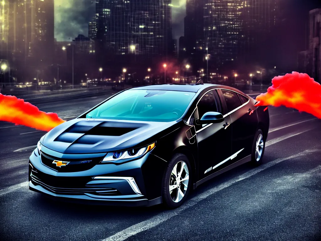 Image similar to black chevy volt close up with a city street background, smoke, fi, chrome, shiny, reflective, metallic, 3 d, render, realistic, hdr, dramatic lighting, flame colors bright