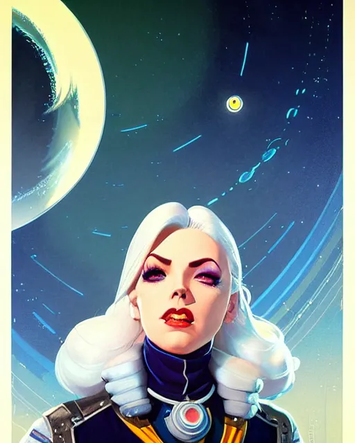 Image similar to ashe from overwatch, white hair, space cowgirl, character portrait, portrait, close up, concept art, intricate details, highly detailed, vintage sci - fi poster, retro future, in the style of chris foss, rodger dean, moebius, michael whelan, and gustave dore