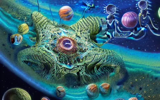 Prompt: Bioluminescent Life in the Deep Sea of an Exoplanet, art by Donato Giancola and Marc Simonetti and Ernst Haeckel, 8k resolution