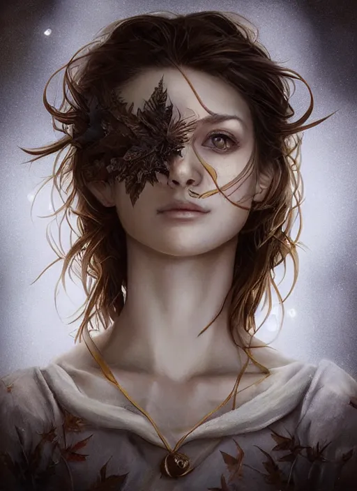 Image similar to golden leaves at frame border, creative!!! composition for a book cover, moon, beautiful portrait painting, a female witch absurdly beautiful, ultrafine hyperrealistic detailed face by wlop and artgerm and greg rutkowski, intricate linework, sharp focus, smooth, octopath traveler, final fantasy, unreal engine, dramatic lighting, ethereal, 8 k