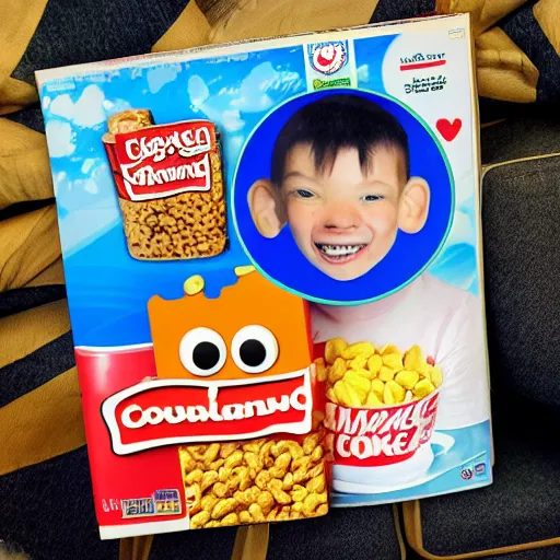 Image similar to photo of a cereal - box with a picture of a smiling broken - toothed child on the cover