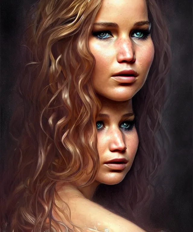 Image similar to half nicole kifman half Jennifer lawrence, a fantasy beautiful woman portrait, amber loving eyes, face, long hair, fantasy, intricate, elegant, highly detailed, digital painting, concept art, smooth, sharp focus, soft pale lights, illustration, greg rutkowski and alphonse mucha