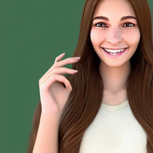 Image similar to Render of a cute 3d young woman smiling, long shiny bronze brown hair, full round face, emerald green eyes, medium skin tone, light cute freckles, smiling softly, wearing casual clothing, relaxing on a modern couch, interior lighting, cozy living room background, medium shot, mid-shot, soft focus, trending on Artstation, Unreal Engine 5 , 4k, professional photography, Portra 400