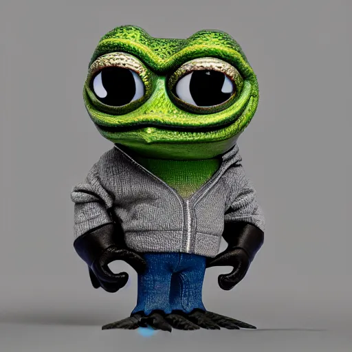 Image similar to perfectly accurate miniature figure of pepe the frog wearing jeans and a black leather jacket, soft textures, skin texture, clothing, 3d sculpture, textured, fine detail, lifelike, photo, high resolution, octane render, post processing, after effects, trending on artstation